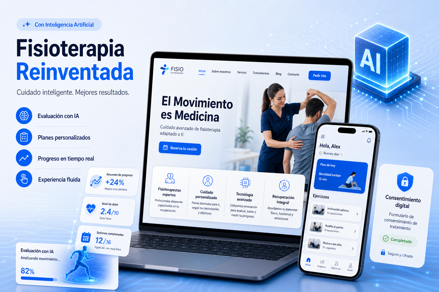 Mockup de web de clínica de fisioterapia y app móvil potenciadas por IA